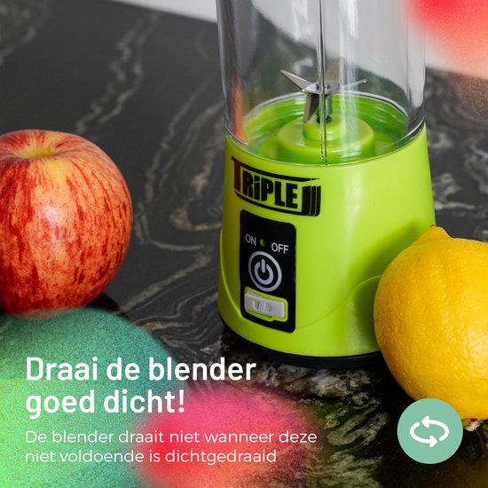 Triple J® Blender To Go - Draagbare Blender - Smoothie Beker - Mini Blender - USB Oplaadbaar - 380ml – Groen