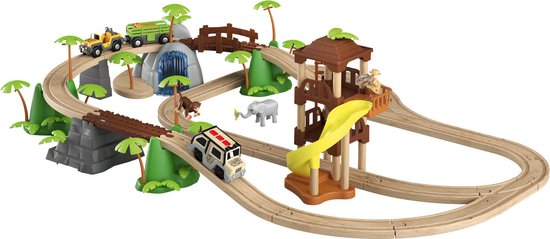 Foto: Playtive houten jungle treinbaanset 47 stuks 3 realistisch vormgegeven zones waterval brug en uitkijktoren