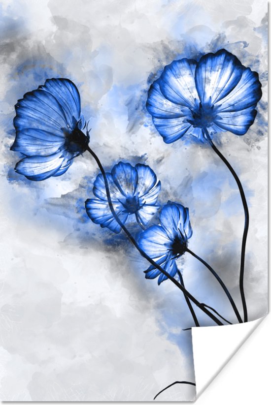 Poster Bloemen - Waterverf - Blauw - 60x90 cm