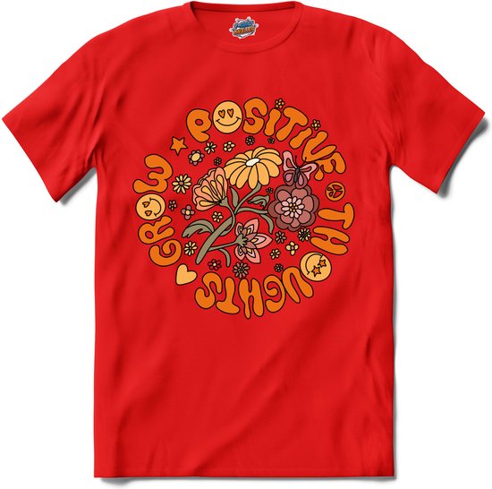 Flower Power - Grow Positive Thoughts - Vintage Aesthetic - T-Shirt - Meisjes - Rood - Maat 12 jaar