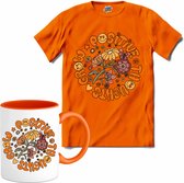 Flower Power - Grow Positive Thoughts - Vintage Aesthetic - T-Shirt met mok - Meisjes - Oranje - Maat 12 jaar