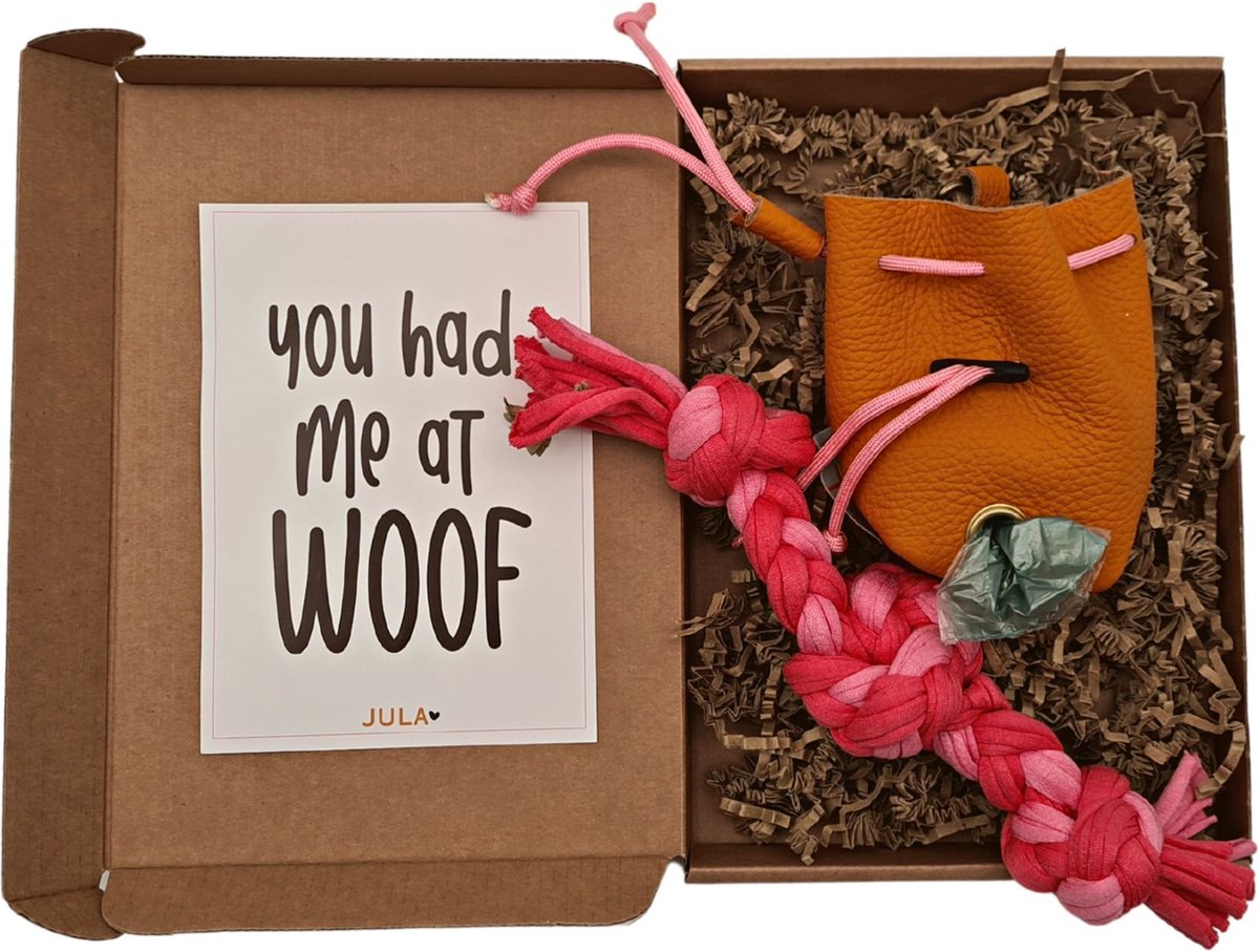 JULA Pets - Leren oranje en roze beloningszakje en poepzakjeshouder met vrolijk flostouw - gemaakt in Nederland- van gerecycled materiaal - cadeau kleine hond en puppy