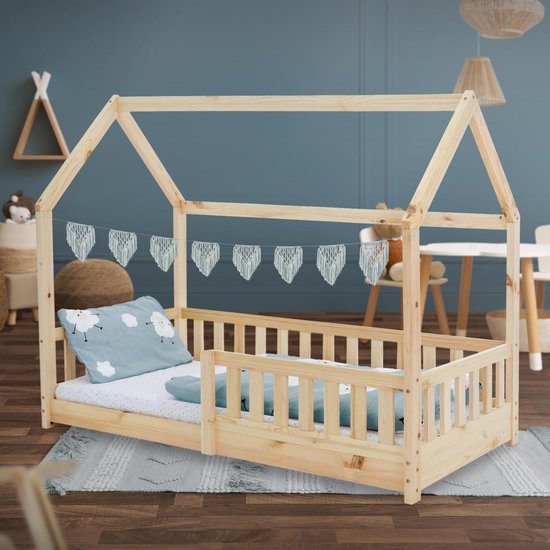 Kinderbed Huisbed 90x200 Cm Van Grenenhout Incl. Matras H-10cm Uitvalbeschermend Dak En Naturel Ml Design 2