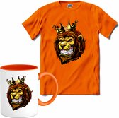 Oranje Leeuw - WK en EK voetbal - koningsdag en Koninginnedag feest kleding - T-Shirt met mok - Meisjes - Oranje - Maat 12 jaar