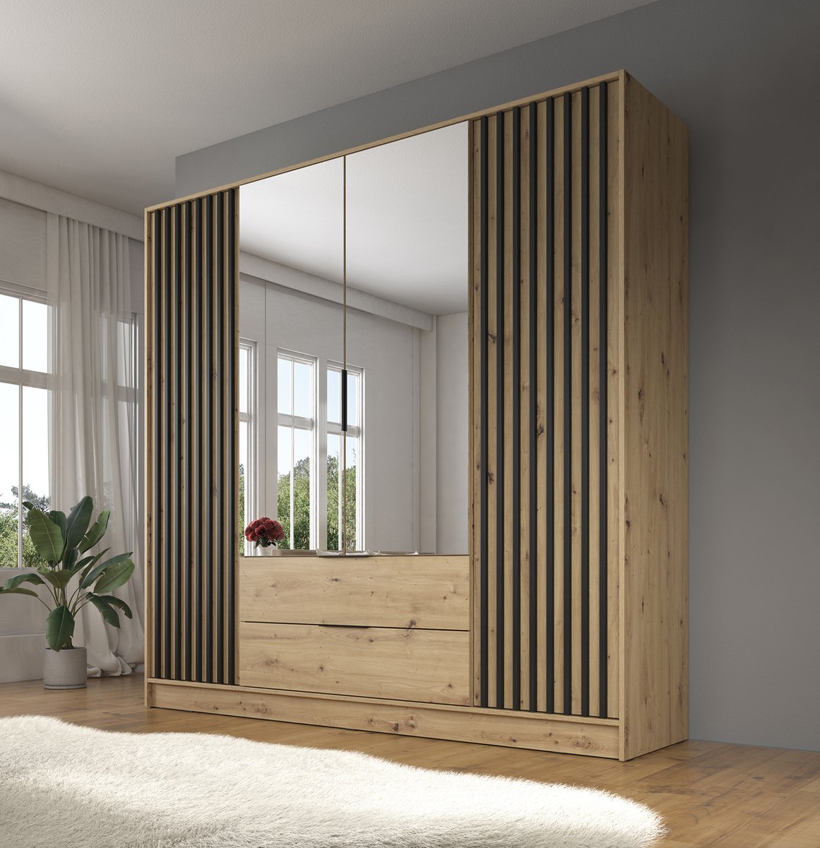 MEUBELLA Kledingkast Nairobi - Eiken - Zwart - 206 cm - Met spiegel Bruin|Zwart