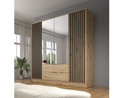 Meubella - Kledingkast Nairobi - Eiken - Zwart - 206 cm - Met spiegel
