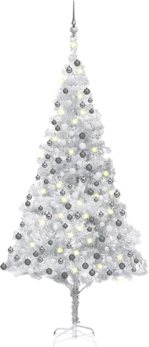 Prolenta Premium - Kunstkerstboom met LED's en kerstballen 240 cm PET zilverkleur