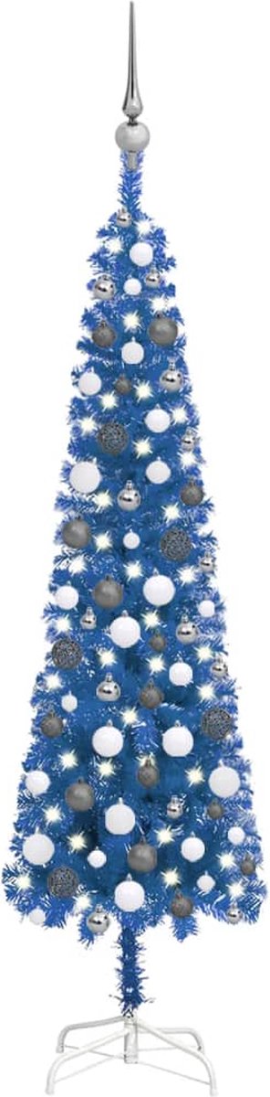 Prolenta Premium - Kerstboom met LED's en kerstballen smal 150 cm blauw