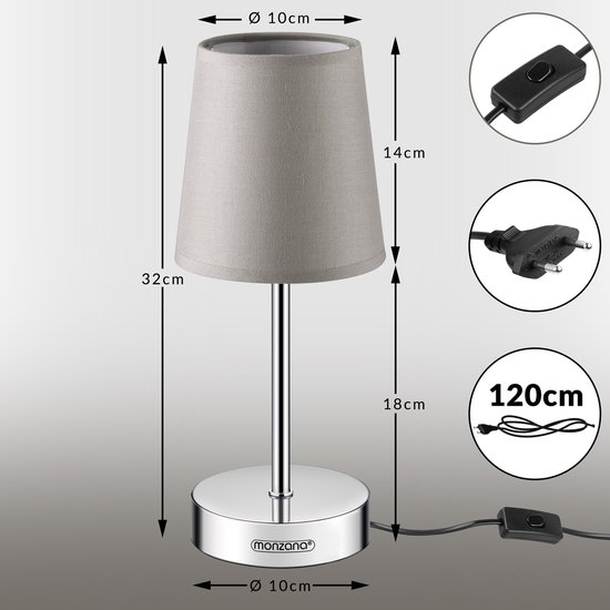 Monzana Lampe de Table 32cm Abat-jour E14 Métal Chrome Veilleuse Lampe de Bureau Taupe