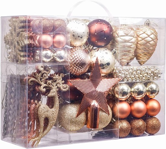 Kerstballen, 100-delig, 3-16 cm, kunststof kerstballen, kerstdecoratie met boompunt, dennenappels, parelketting en ophanghaakjes, bos, thema kopergoud, herbruikbare verpakking