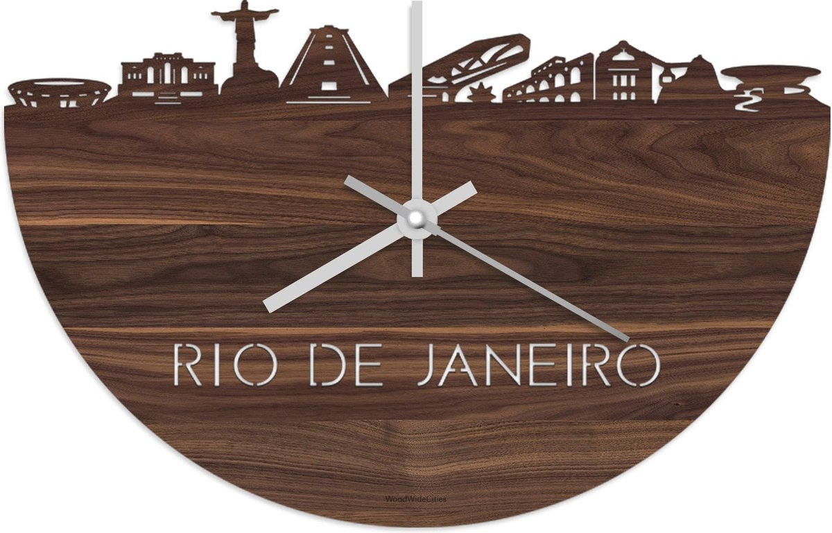 Skyline Klok Rio de Janeiro Notenhout - Ø 40 cm - Stil uurwerk - Wanddecoratie - Meer steden beschikbaar - Woonkamer idee - Woondecoratie - City Art - Steden kunst - Cadeau voor hem - Cadeau voor haar - Jubileum - Trouwerij - Housewarming -