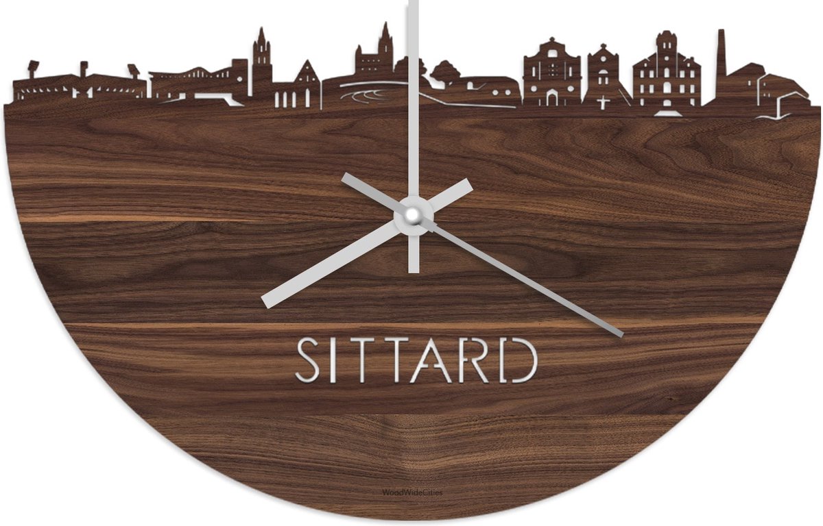 Skyline Klok Sittard Notenhout - Ø 40 cm - Stil uurwerk - Wanddecoratie - Meer steden beschikbaar - Woonkamer idee - Woondecoratie - City Art - Steden kunst - Cadeau voor hem - Cadeau voor haar - Jubileum - Trouwerij - Housewarming - WoodWideCities