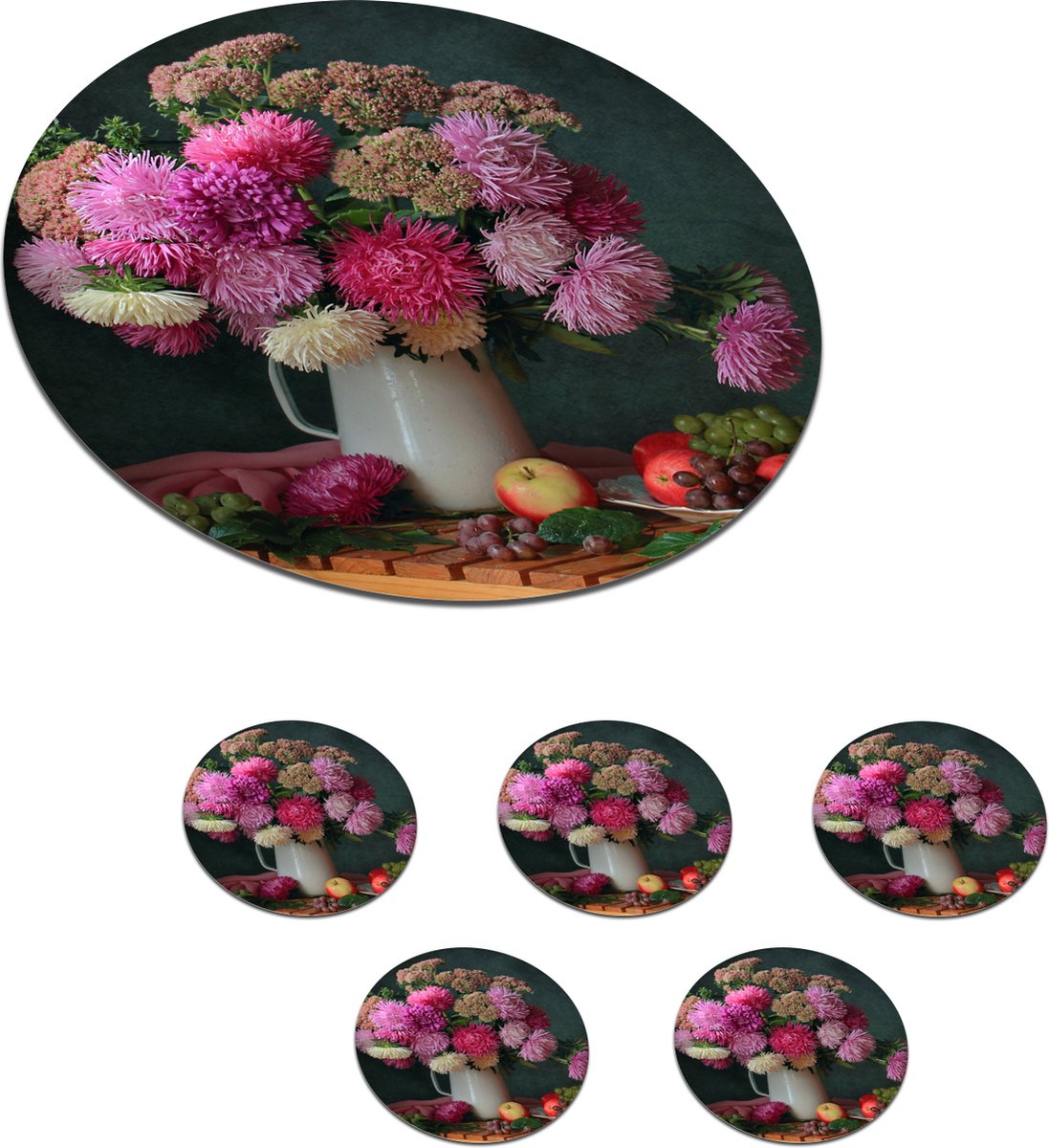 Onderzetters voor glazen - Rond - Fruit - Roze - Stilleven - 10x10 cm - Glasonderzetters - 6 stuks