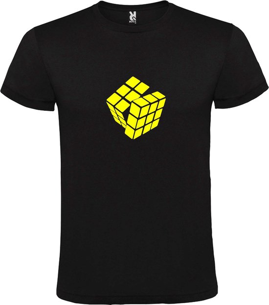 Zwart T-shirt met neongele Rubik's kubus logo.