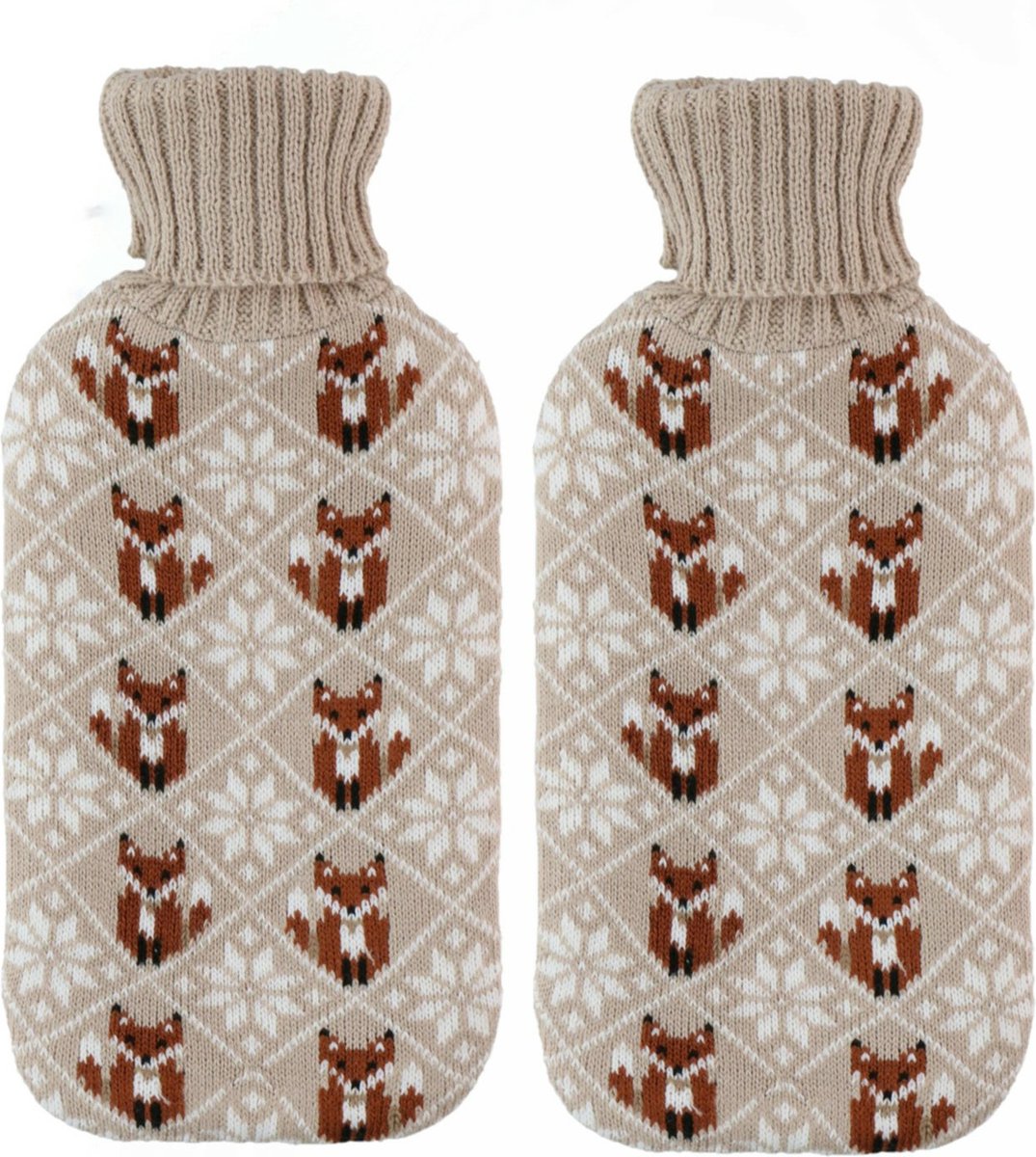 Goedkoopste Kruik - 2 stuks - gebreide hoes - vossen print beige - 2 liter