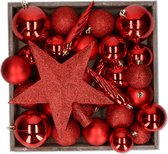 Kerstballen set - 45x st - met ster piek - rood - kunststof