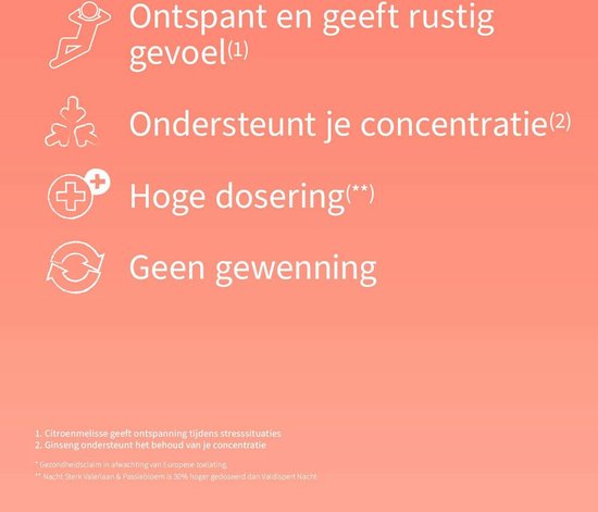 Iconen en tekst: Ontspant en geeft rustig gevoel, Ondersteunt je concentratie, Hoge dosering, Geen gewenning.