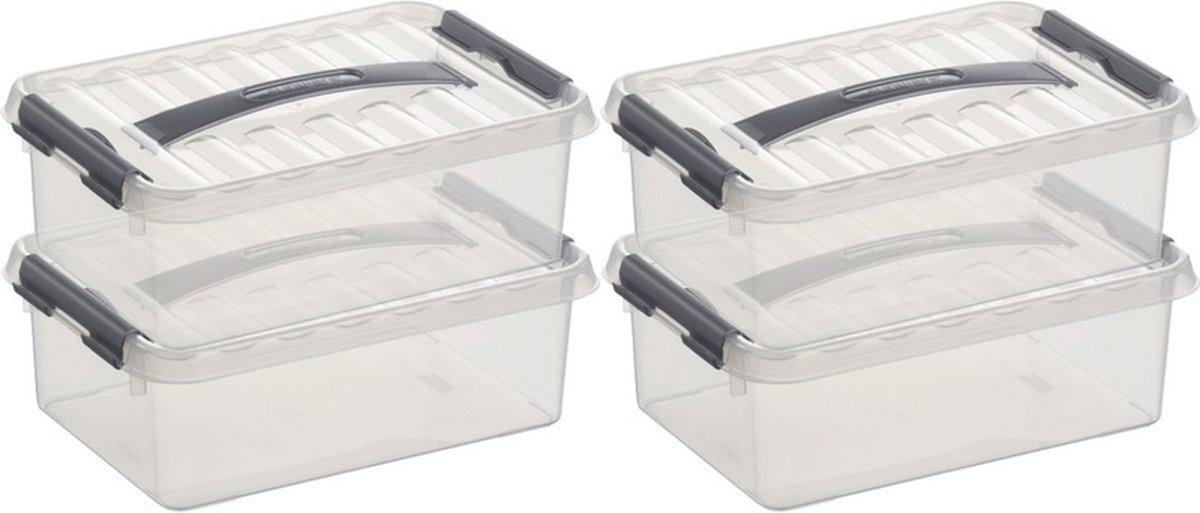 Sunware 6x sunware q-line opberg box/opbergdoos - 4 liter - 30 x 20 x 10 cm - kunststof - opslagbox - transparant/zilver