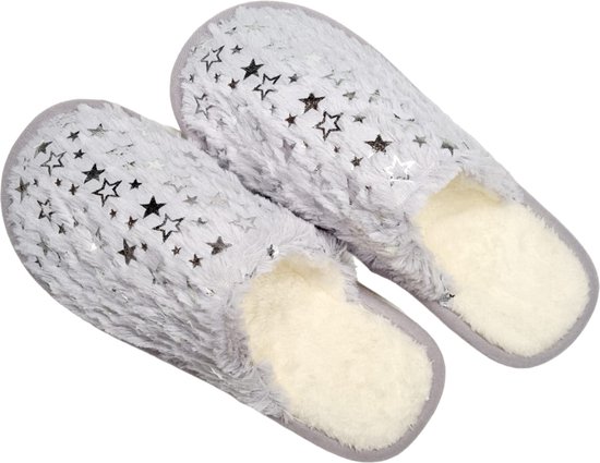Warme dames pantoffels Blauwgrijs- Fluffy pantoffels zilver sterretje,  glitter print -... | bol.com