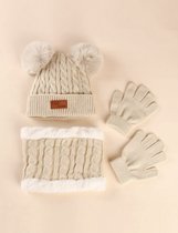 Wintermuts, sjaal en handschoenen - muts met twee pompoms - kleur crème - 2-5 jaar kind/peuter/kleuter - Cadeau - kerstcadeau