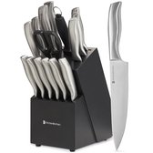 KitchenBrothers Messenset - Messenblok - 16-Delig - met Schaar en Aanzetstaal - Zilver/ RVS