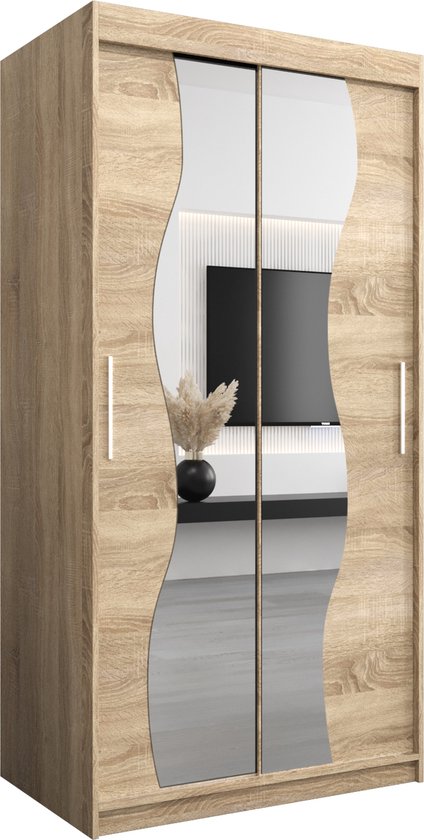 InspireMe - Kledingkast met 2 schuifdeuren, Modern-stijl, Kledingkast met planken (BxHxD): 100x200x62 - MARDUK 100 Sonoma Eik