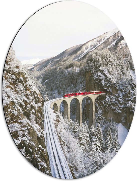 WallClassics - Dibond Ovaal - Rode Trein door de Bergen in de Sneeuw - 51x68 cm Foto op Ovaal (Met Ophangsysteem)