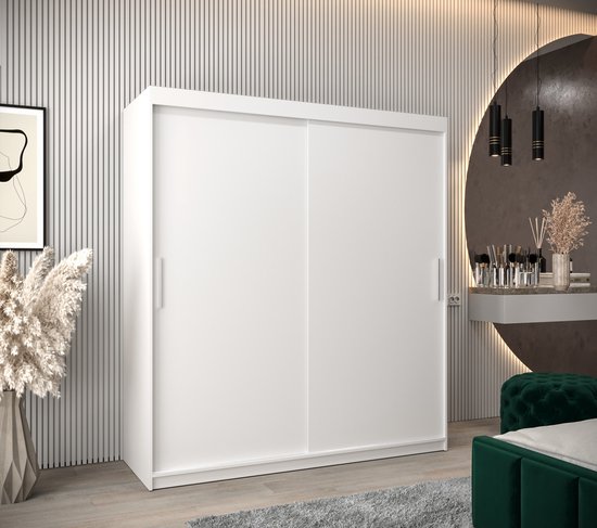 InspireMe - Armoire avec 2 portes coulissantes, Style moderne, Armoire avec étagères (LxHxP): 180x200x62 - TORM 180 Wit Mat avec 4 tiroirs