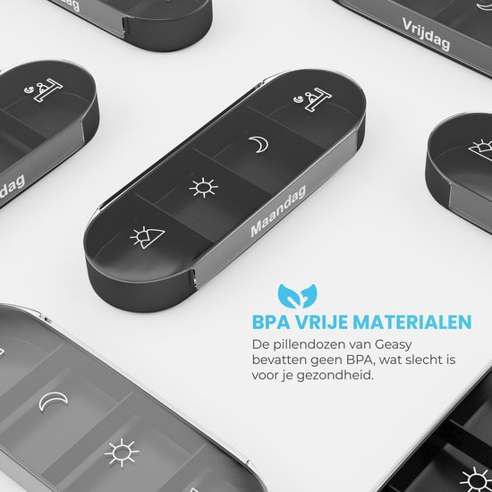 GEASY Pillendoos 7 Dagen 4 Vakken - Stevige Sluiting - Nederlandstalig - Zwart - Medicijndoosje 7 dagen – Pillendoosjes 7 dagen 4 vakken – Pillendoosje
