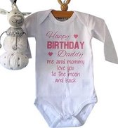 Baby Rompertje meisjes met tekst lichtroze verjaardag | Happy Birthday gefeliciteerd daddy papa  | Lange mouw | wit met roze print | maat 74/80