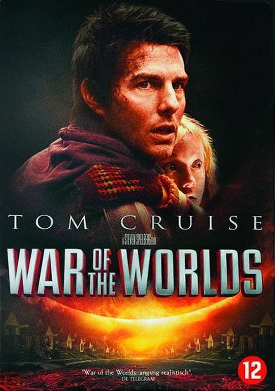 Filmcover van 'War of the Worlds' met Tom Cruise en een kind in een omhelzing, met de titel en recensie.