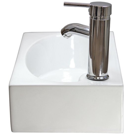 Caspian Ceramic Rectangle Wall Mount Bathroom Sink, Tap & Plug