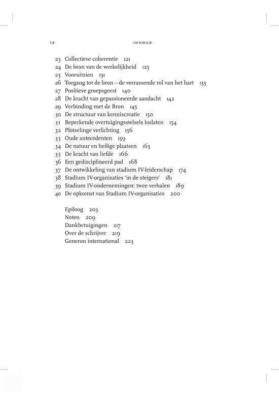Paginatitel 'Inhoud' en paginanummer 12. Opsomming van hoofdstuktitels met paginanummers, inclusief 'Collectieve coherentie' en 'De bron van de werkelijkheid'.