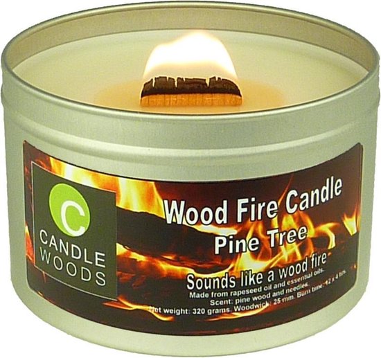 Candle Woods grote knetterende houtvuur geur kaars Pine Tree in blik met vensterdeksel en houtlont. Dennenboom/Kerstboom geur.