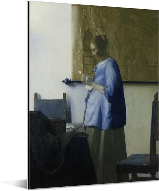 Femme en bleu lisant une lettre - Peinture de Johannes Vermeer Aluminium 120x160 cm - Tirage photo sur Aluminium (décoration murale métal) XXL / Groot format!