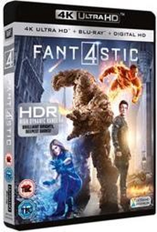 Hoes van de 4K Ultra HD Blu-ray van Fantastic Four, met de vier helden in actie voor een stedelijke achtergrond, met HDR logo.