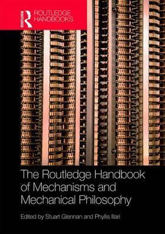 Het Routledge Handboek van Mechanismen en Mechanische Filosofie, met een bruin mechanisch patroon op de voorkant.