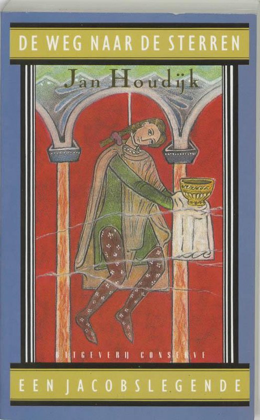 Boekcover met een illustratie van een persoon in middeleeuwse kledij, zittend en een kelk vasthoudend. Titel 'DE WEG NAAR DE STERREN'.