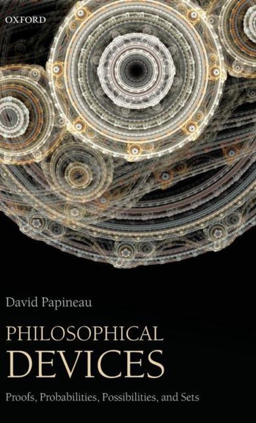 Boek 'Philosophical Devices' met een abstracte, mechanische illustratie in goud- en grijstinten.