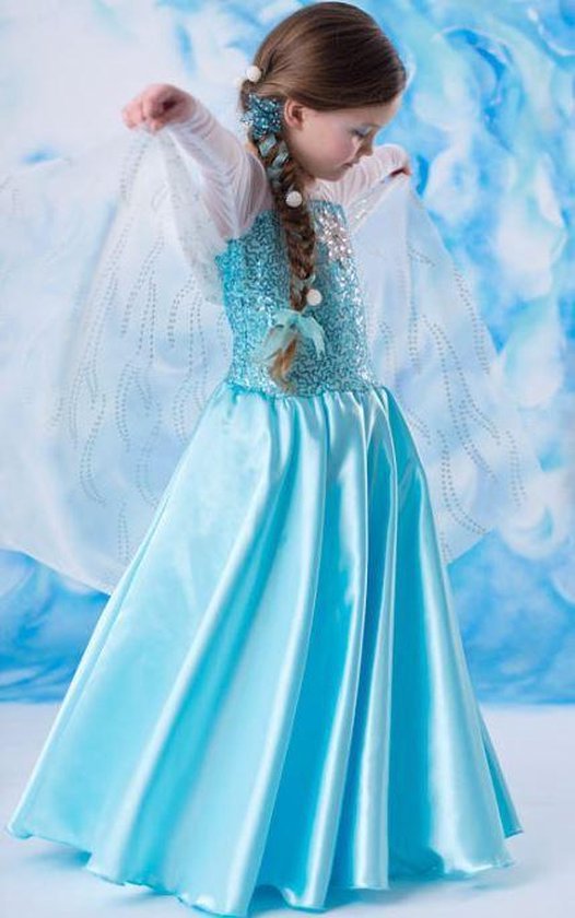 Elsa jurk Ster 130 met sleep + blauwe kroon maat 122-128 Prinsessenjurk meisje blauw Verkleedkleren meisje - La Señorita