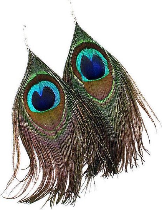 Boucles d'oreilles femme plumes Vert Paon 15cm