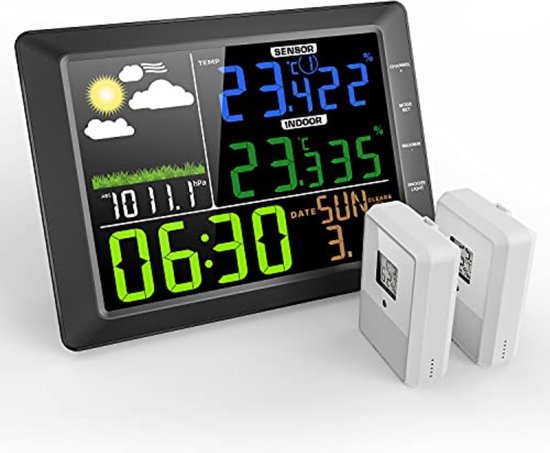 Station météo Capteurs sans fil intérieur / extérieur Thermomètre numérique  Hygromètre Led Lcd Display Thermomètre avec 3 capteurs à distance
