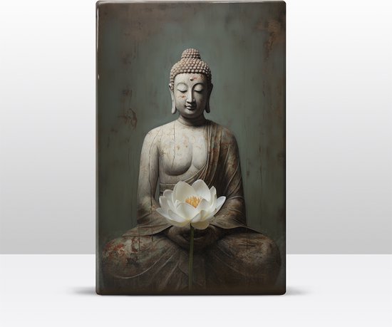 Buddha met bloemen - Laqueprint - 19,5 x 30 cm - Niet van echt te onderscheiden handgelakt schilderijtje op hout - Mooier dan een print op canvas. - LW533