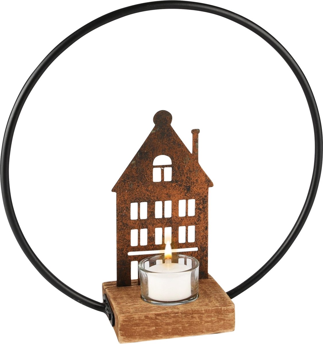 dekoratief Theelichthouder boog m/huis, metaal/glas, 28x9x29cm | A235395 bruin