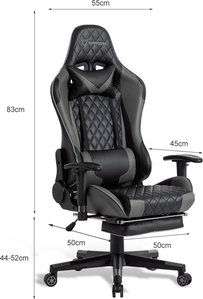 FOXSPORT Game Stoel - Gaming Stoel - Gaming Chair - Bureaustoelen - Bureaustoel Met Nekkussen & Verstelbaar Rugkussen - Instelbare Zithoogte - Gaming Accesoires - Met beensteunen - Zwart – foto 2
