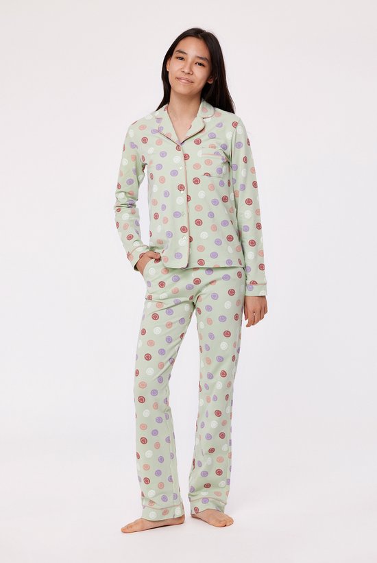 Woody Studio doorknoop pyjama meisjes/dames - muntgroen - smiley all-over print - 232-12-YPD-Z/955 - maat 116