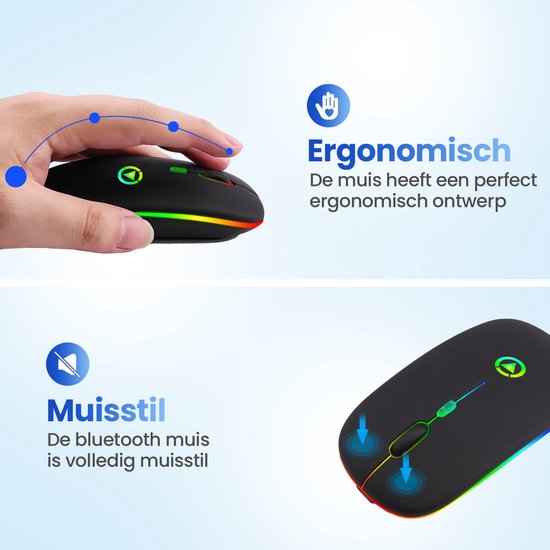 Garpex® Stille Draadloze Muis - Gaming muis - Computermuis - Muis Draadloos - Met LED Verlichting - Oplaadbaar - Zwart