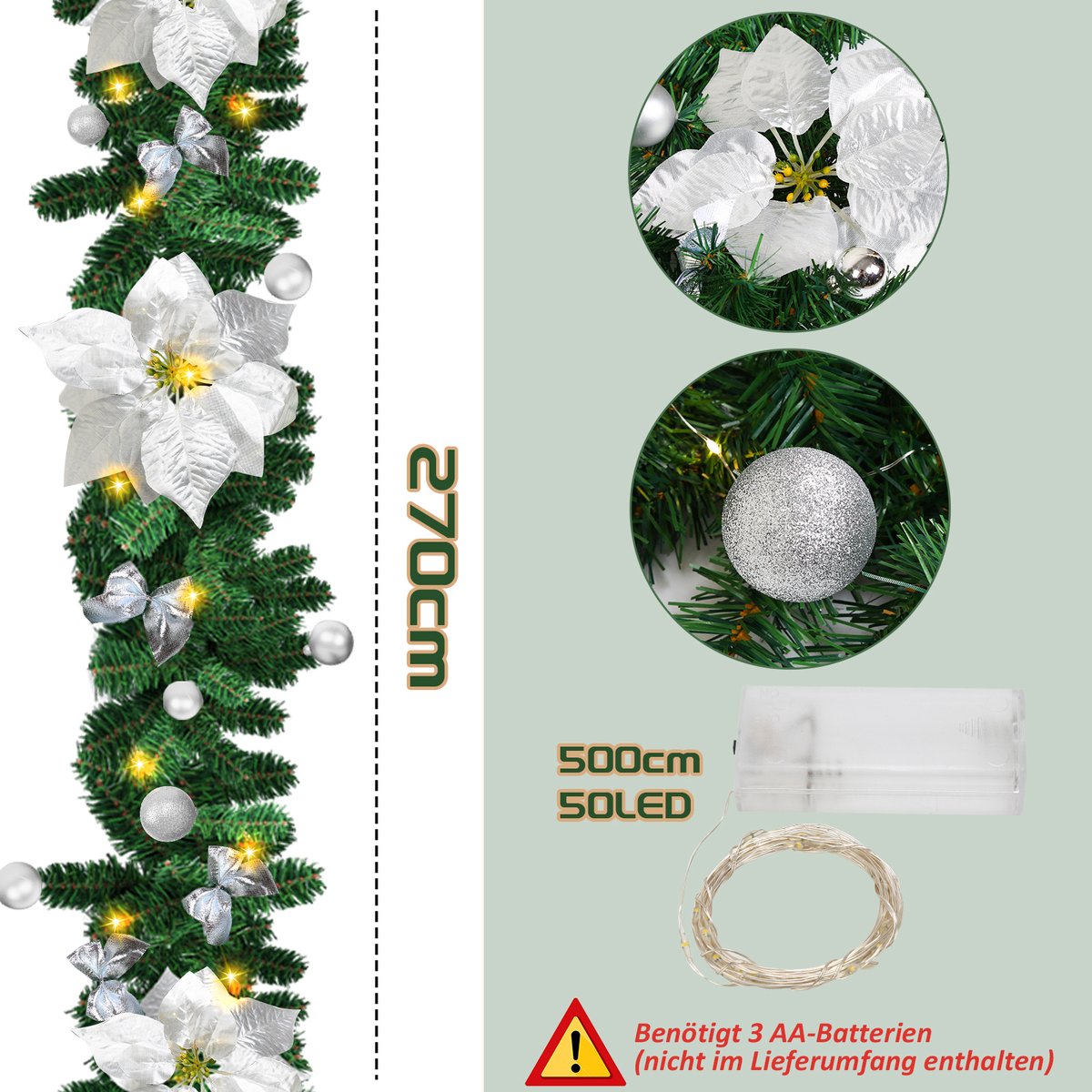 2.7M Kerstguirlande Kerstslinger, lichtsnoer, kunstdennenboom, 2,7 m, led, werkt op batterijen, voor muur, open haard, trap, kerstdecoratie Zilver – foto 2