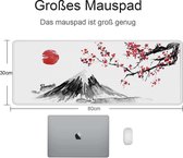 Gaming muismat wit XXL 800 x 300 mm, Japanse inktschildering, berg Fuji, sakura, zon, groot, genaaide randen, waterdicht, anti-slip, voor pc, MacBook, laptop