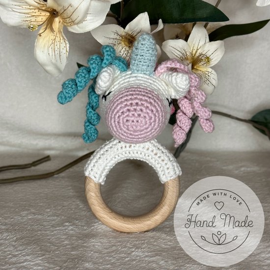 Baby Geboorte Set - Baby Speelgoed - New Born Set - Geschenk Set - Kraamcadeau - Babyshower - Gender Reveal Party - Bijtring - Handgemaakt - Natuurlijke Materialen - Speenkoord - Unicorn — afbeelding 4